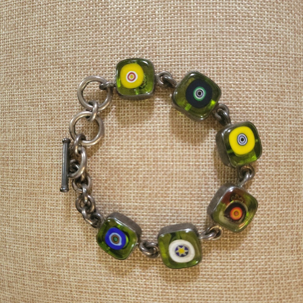 925 Sterling Silver 2 Sided Millefiori Murano Glass Toggle Bracelet 7.5"